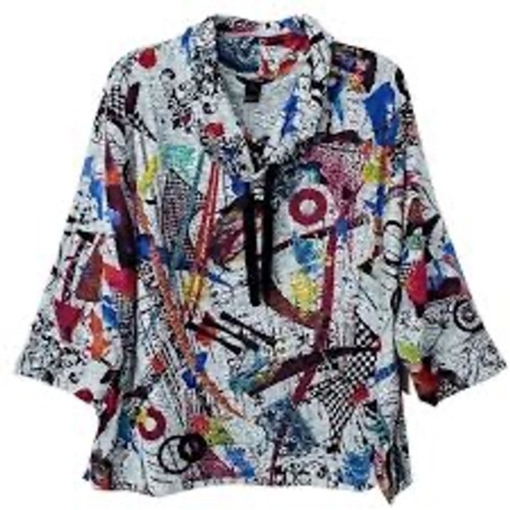 Ali Miles 1X Abstract Geometric Print Cowl Neck Tunic Top Multi-Color Pockets